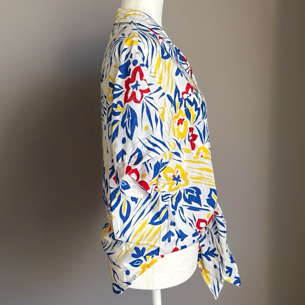 David Matthew Vtg 80s Resort Tropical Floral Button-Up Tie-Front Shirt Size 14 - Picture 5 of 13